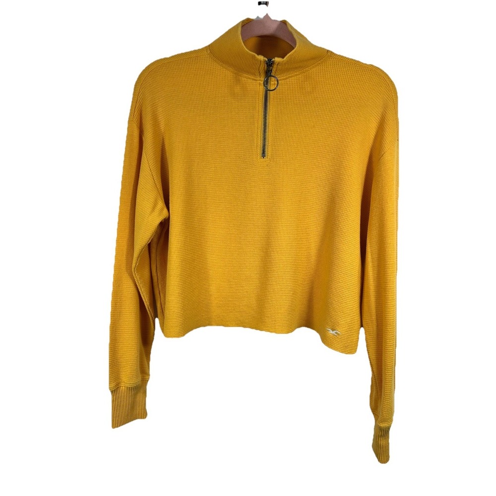 Hollister Cropped Boyfriend Tee XS Yellow Waffle Cotton Lounge‎ Streetwear Basic